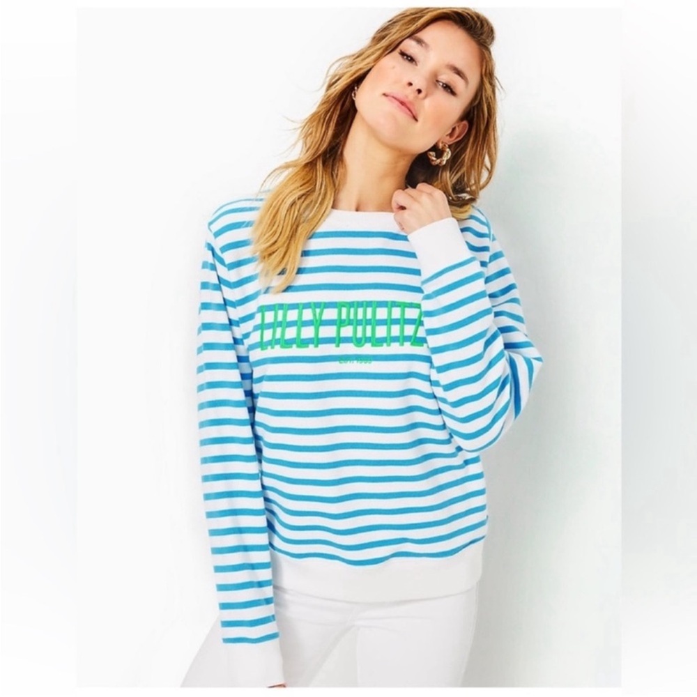 NWT Lilly Pulitzer Ballad Terry Knit Cotton Ribbed Crew Neck  Logo Sweatshirt